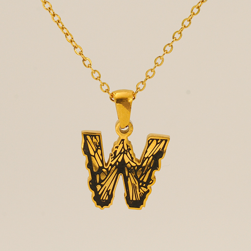 1 Piece Classic Bark Grain Unique Letter W Stainless Steel 18K Gold color Plated Unisex Pendant Necklaces h5 